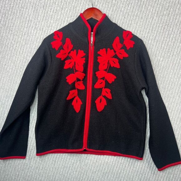 Coldwater Creek Full Zip Cardigan Wool Red Flowers Dark‎ Academia - Picture 1 of 8